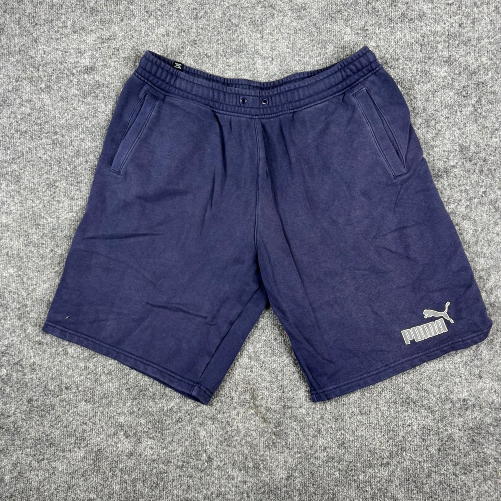 Puma Shorts Mens Size L Navy Blue Fleece Cotton Blend Athletic Gym Casual Logo